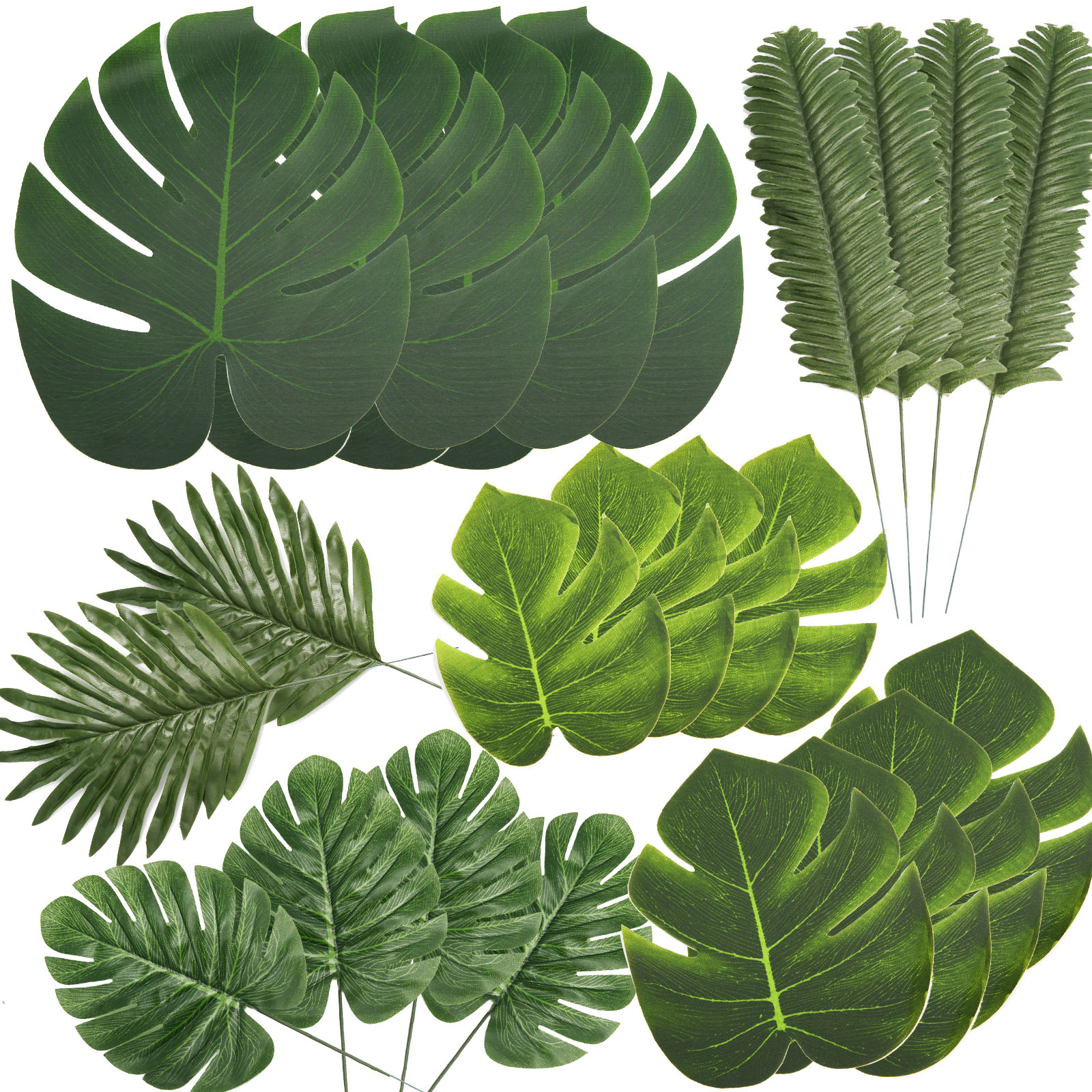 60 PCS 6 Kinds Tropical Hawaiian Artificial Palm Leaves Foliage Party Decor
